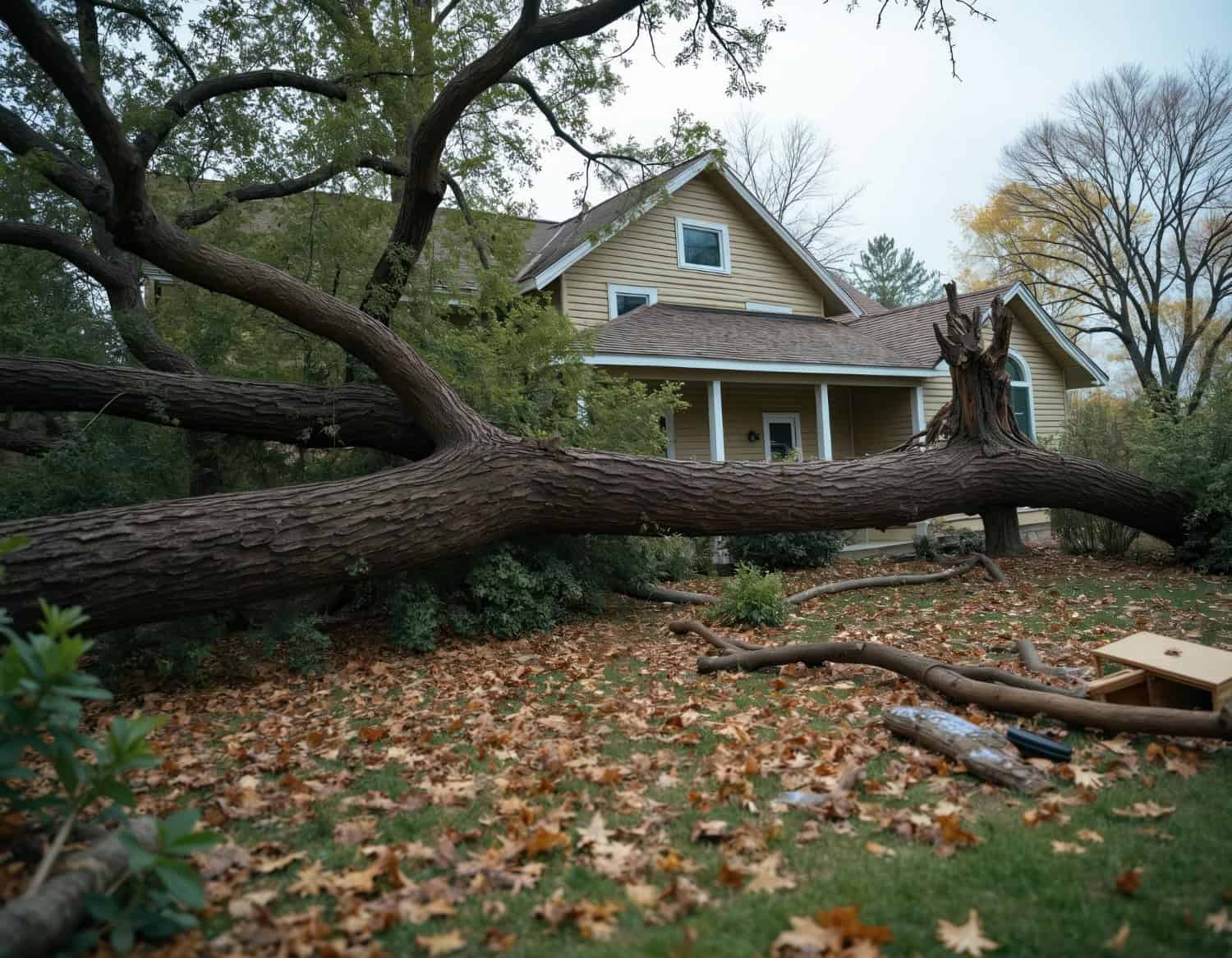 A large fallen tree blocks the front yard of a house, an ideal case for Tree Removal Oakland, MI and Surrounding Areas.