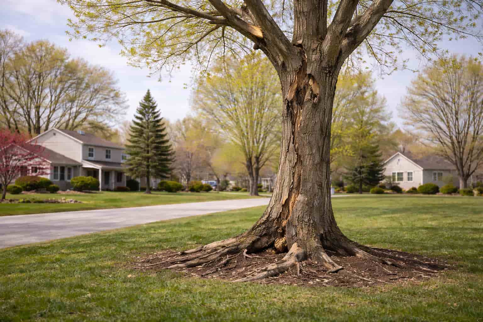Spring Tree Removal in Milford, MI: Large mature tree with visible trunk damage in a residential yard at Milford, Michigan. Indicating the need for professional tree inspection.