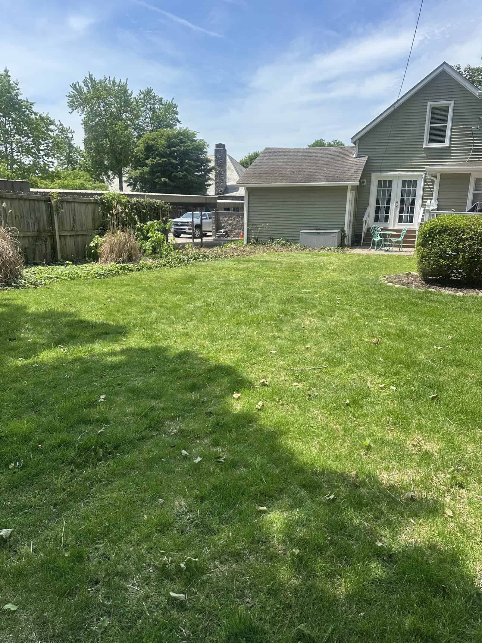 A sunny backyard with green grass, bush, and wooden fence, ideal for Tree Services Oakland projects.