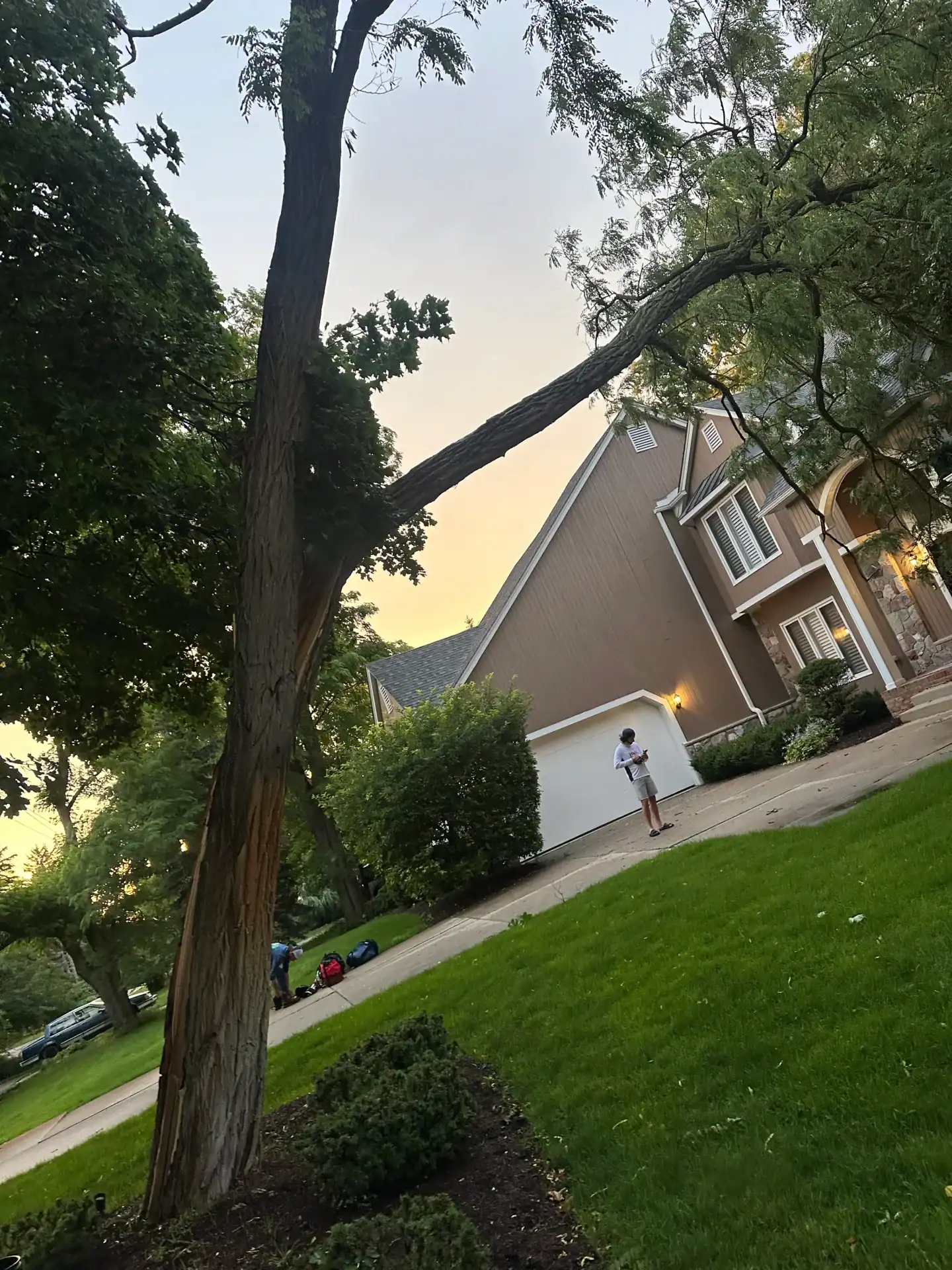 A person stands beside a brown house at sunset, with the driveway cleared after tree removal in Oakland.