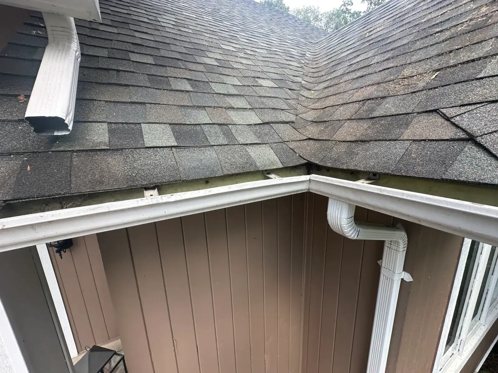 A house roof corner shows a missing gutter, visible downspouts, and stump grinding Oakland services nearby.
