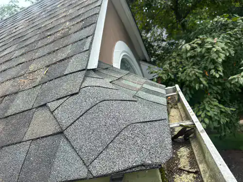 Damaged roof shingles and a clogged gutter with leaves sit beside a house with trees in the background.