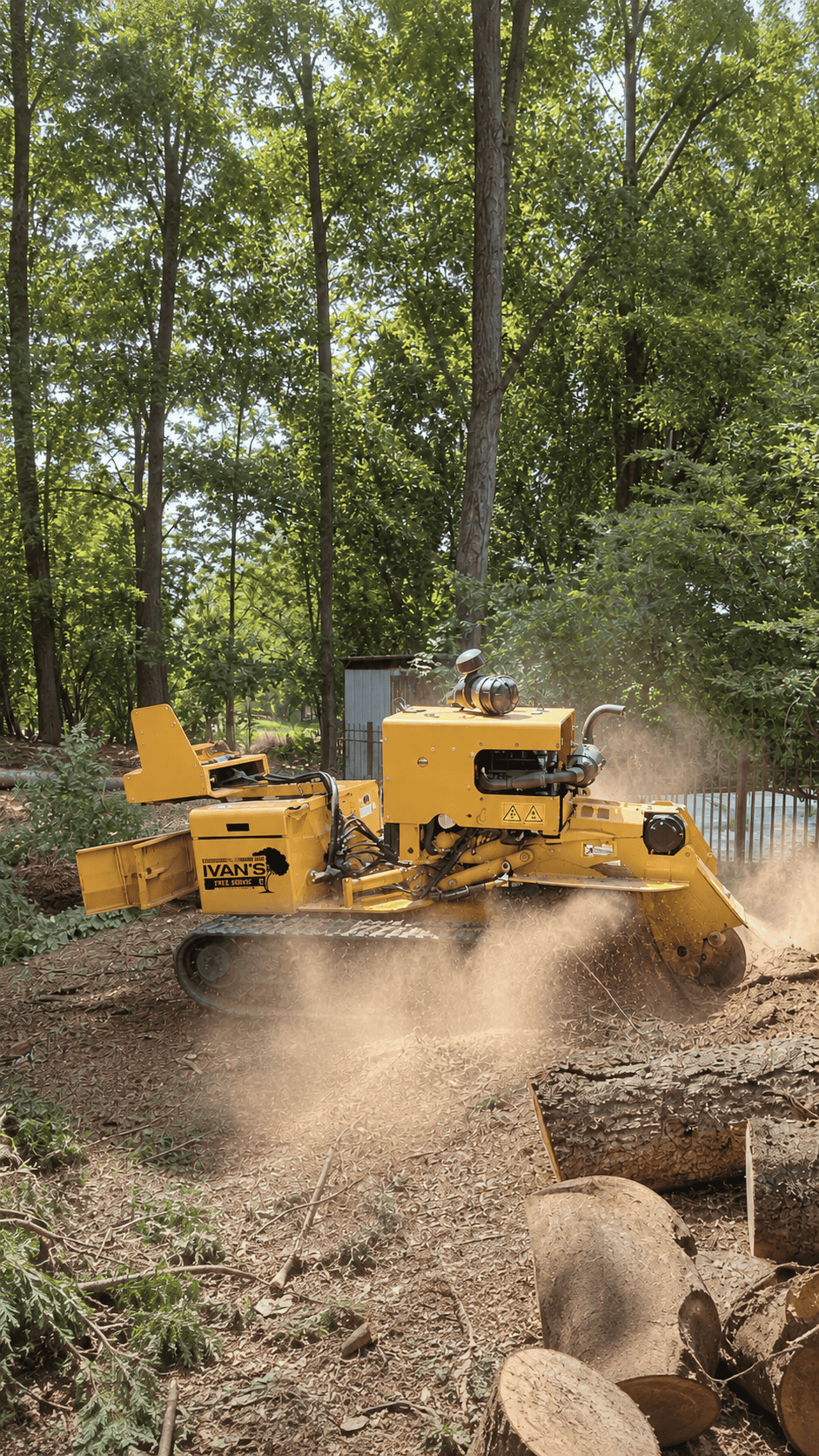 A yellow stump grinder from Ivan’s Tree Services creates dust near cut logs in a wooded landscape.