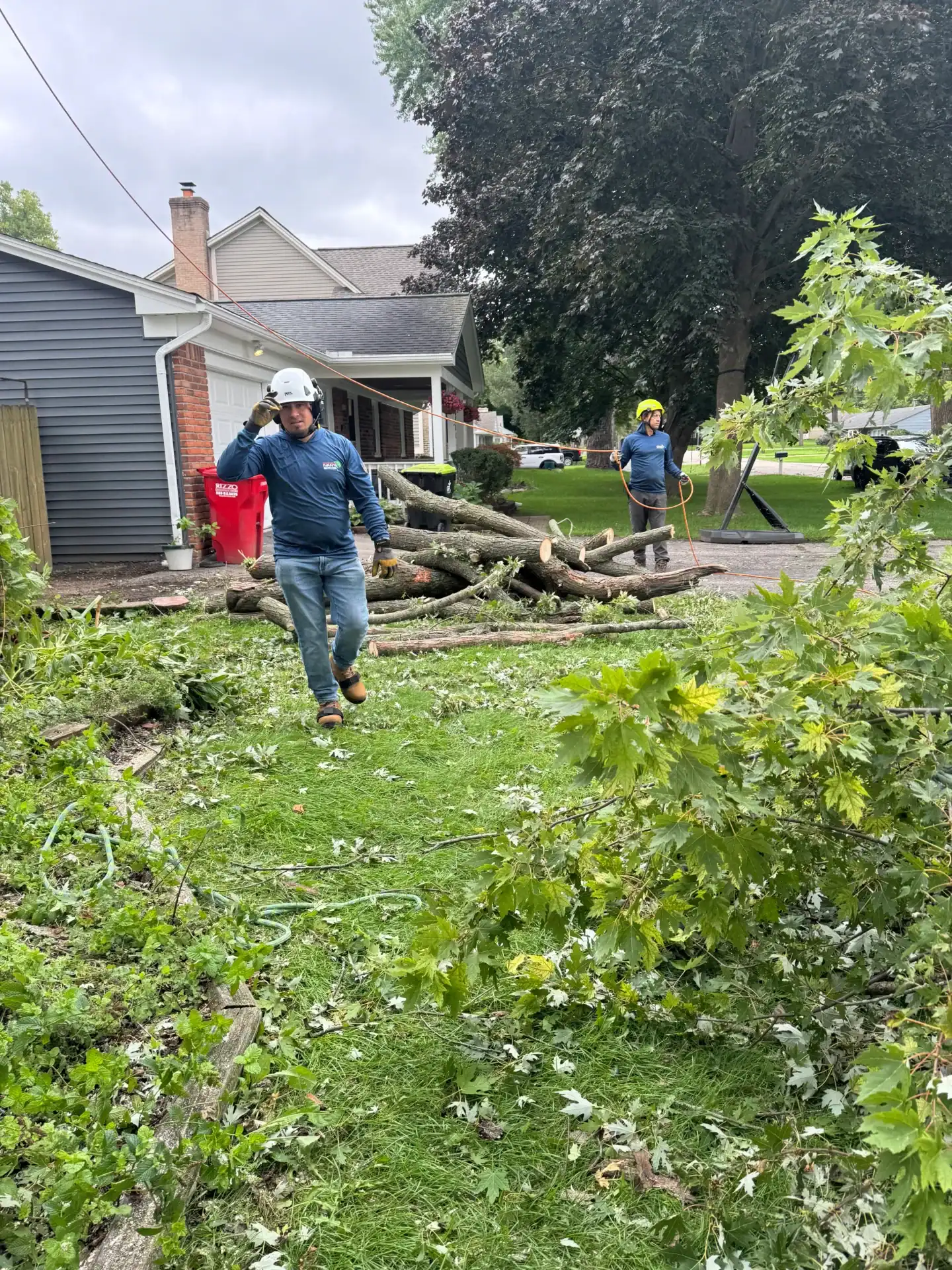 Two workers in safety gear remove fallen branches next to a house on a cloudy day for tree cleanup.